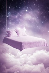 Naklejka premium Floating Bed in Dreamy Cloudscape with Starry Sky Above Surreal Bedroom Concept in Lavender Tones