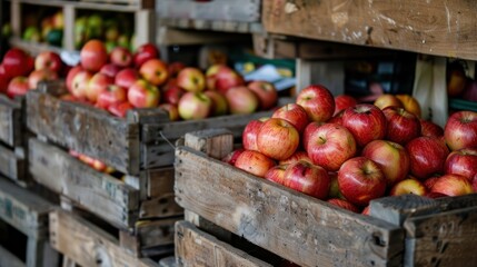 A crate of ripe red apples sits on a wooden shelf