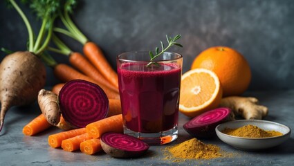 Healthy beet and orange juice with ginger and pollen for vitality