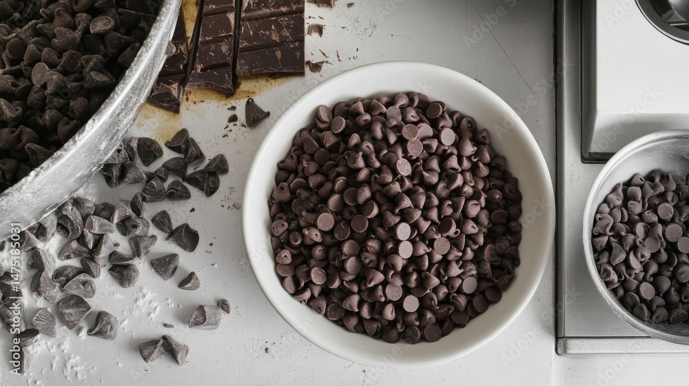 Poster a bowl of chocolate chips and chunks on a white countertop, ready for baking or snacking, showcasing