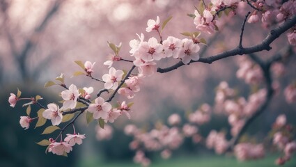 Garden Scene Featuring Blooming Plums with Flowers and Leaves on a Branch