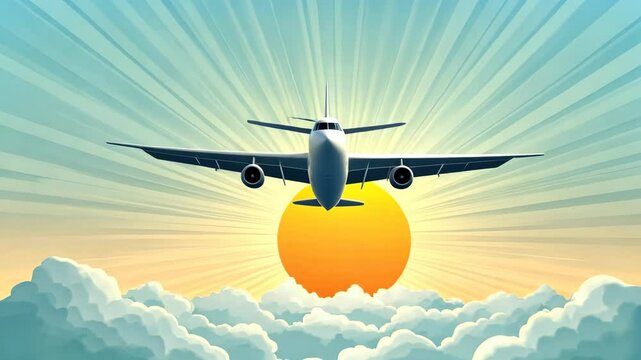 an airplane soaring majestically into a glowing sunset. Stunning visual effects convey a sense of adventure, exploration, and limitless possibilities