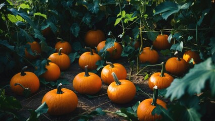 Orange gourds on the land. Harvest time. Food sources. Agriculture, gardening, agronomy. Eco-conscious consumption notion.