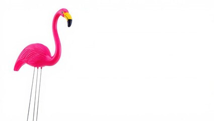 Pink plastic flamingo lawn ornament with long metal legs, minimalist summer decor, tropical garden accessory, isolated on white background