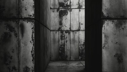 A dramatic, distressed black-and-white wall with a textured industrial surface and dark hues, perfect for backgrounds or artistic projects.