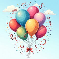 Colorful balloons with confetti and ribbon for celebration