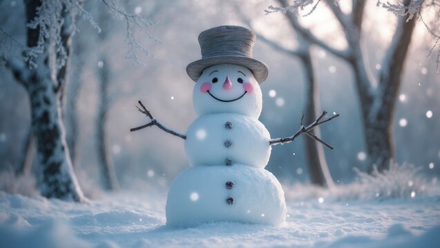 Frosty snowman enjoying the snowy scenery and holiday cheer