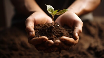 Hands holding soil with new plant nature green earth ecology concept. Generate AI image