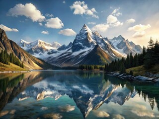 Fototapeta premium Pristine Alpine Lake, Snowy Mountains Reflection, Winter Wonderland, High Altitude Lake, Scenic Landscape Photography