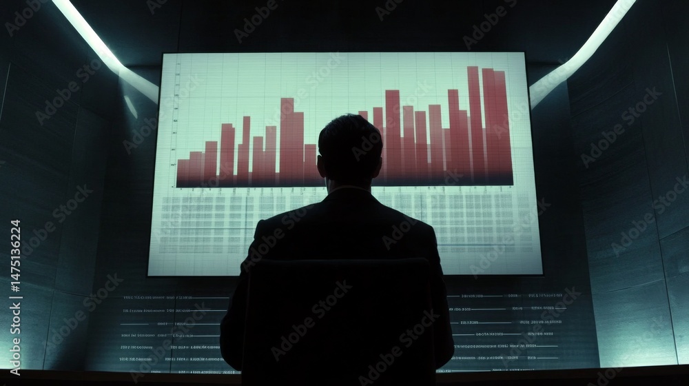 Poster a business professional analyzing a large bar chart on a wall-mounted screen, with a focus on financ