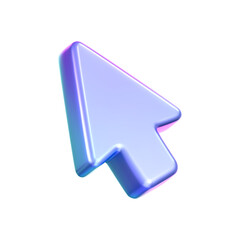 3D holographic arrow cursor icon with a neon gradient, isolated on a white background. Render of iridescent arrow for interfaces, tech navigation, mouse clicks, location search. 3d vector icon
