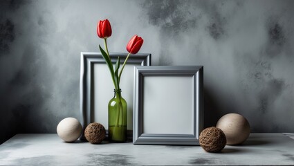 Ruby tulip, charcoal photo frames and accents on the tabletop