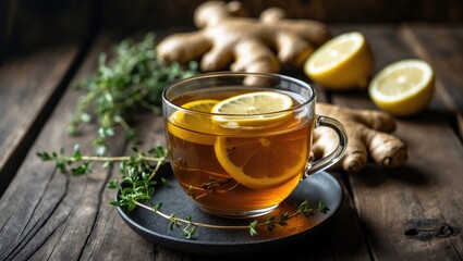 Spicy ginger and citrus lemon herbal tea with thyme in a teacup on a vintage wooden table