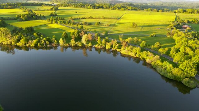 Lakeside at dusk, Westerwald, Germany - aerial view