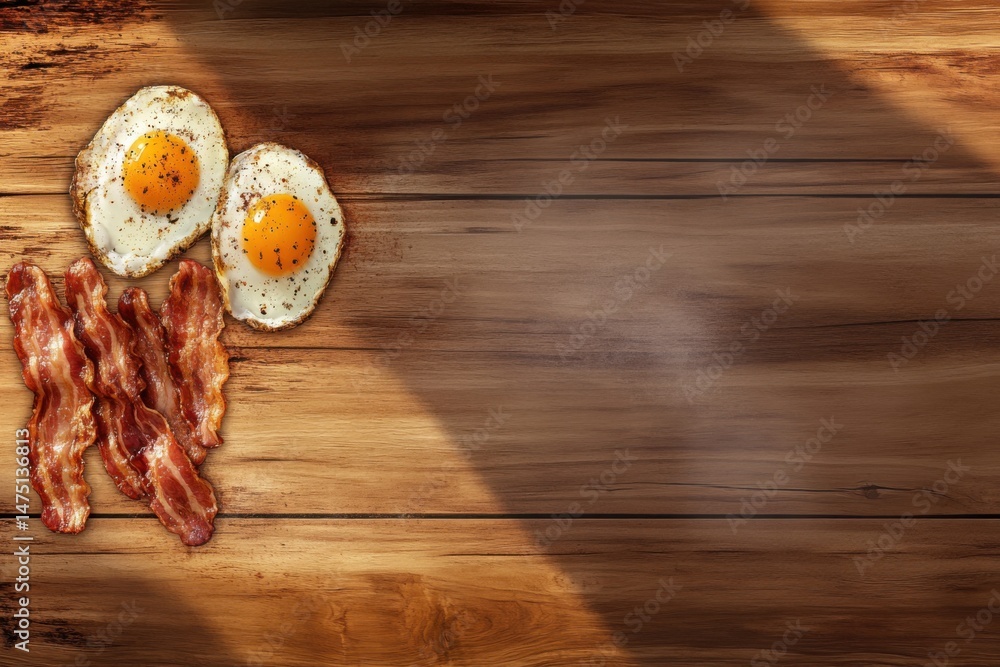 Poster overhead shot of breakfast with fried eggs and crispy bacon on a wooden table with natural light and
