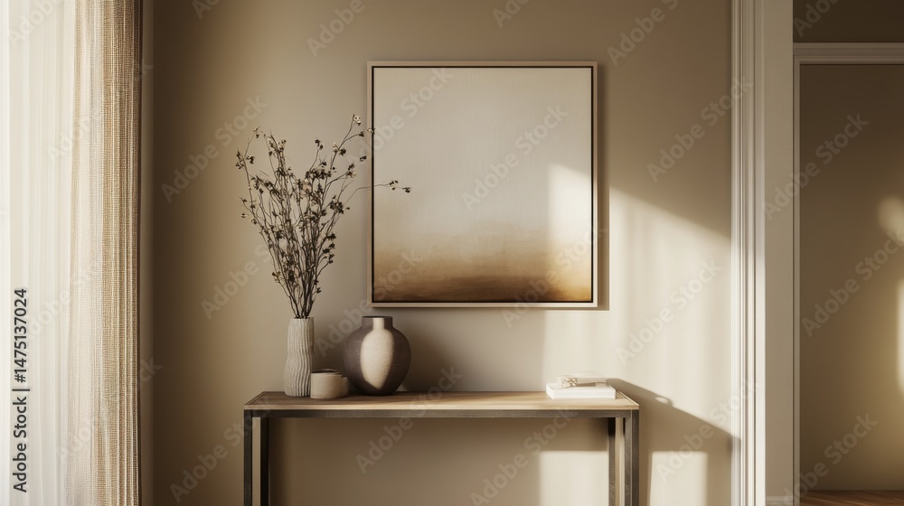 Poster a clean and simple entryway with minimalist decor, including a sleek console table, a small potted p