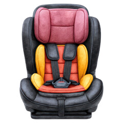 Naklejka premium Colorful Child Car Seat with Safety Harness for Young Passengers, isolated on transparent background.