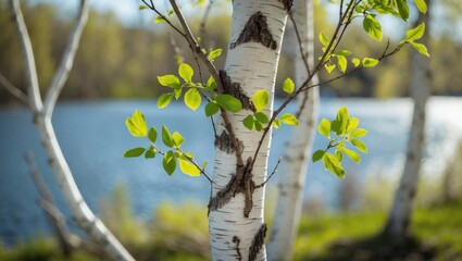 Bright Sunlight Illuminates Birch Tree with Green Leaves and Textured Bark in a Forest Environment