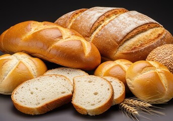 Fresh baked bread loaves and rolls still life