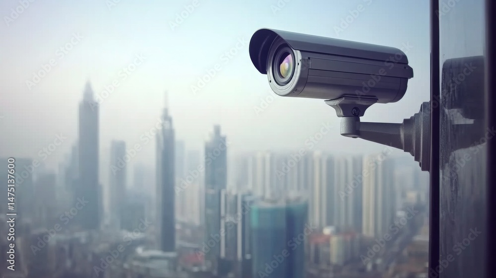 Poster a close-up of a bullet-style cctv camera mounted on a building, with a blurred background of the cit