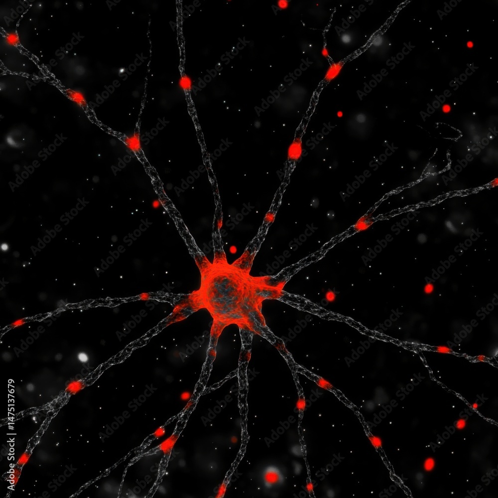 Aufkleber neuron cell illustration in black and red showing dendrites and synapses against a dark background f