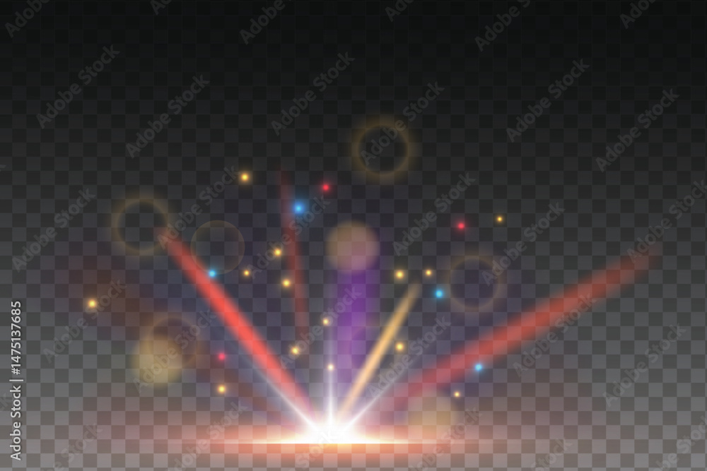 Poster Crystal explosion png. Glowing bright the effect of a bright rainbow flash of light on a transparent background with rays . Png lens explosion, spark, spark. Glowing bright light explosion effect.