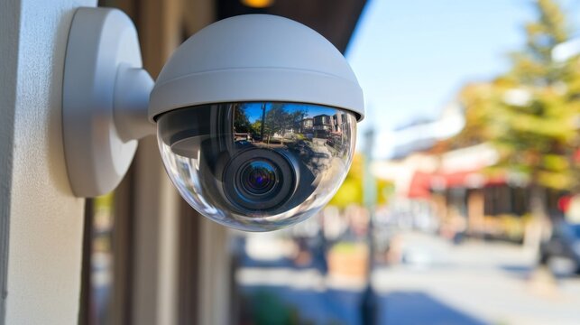 A close-up of a CCTV camera's lens, capturing reflections of the surroundings, highlighting its surveillance capabilities in various environments.