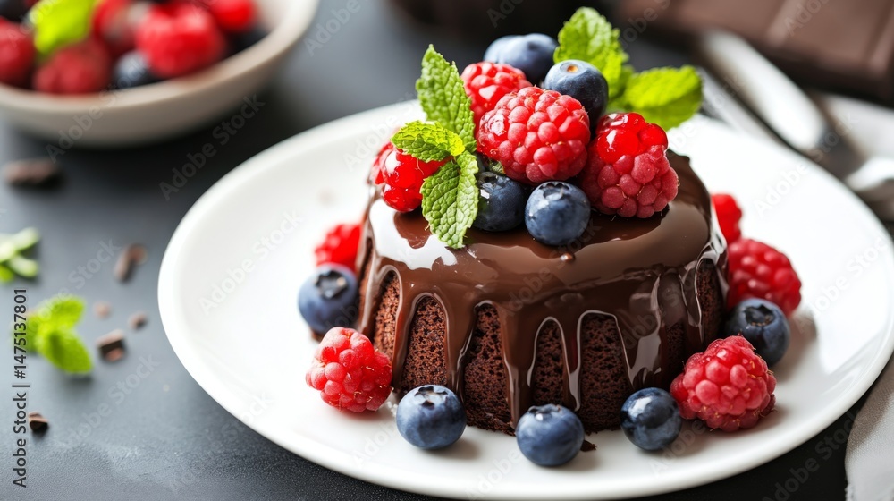Poster A close-up of a chocolate dessert with a glossy ganache, garnished with fresh berries and mint, set on a white plate to emphasize its elegant presentation.