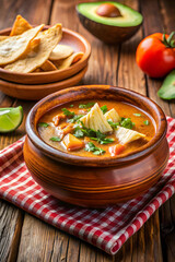 Authentic Mexican sopa de tortilla in clay bowl