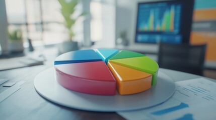 A close-up of a financial pie chart displayed on a computer screen, with segments highlighting different data categories, set in a modern office environment.