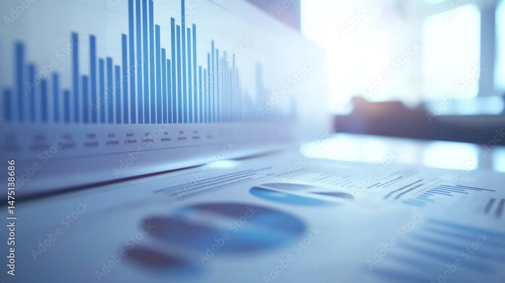 Poster a close-up of a financial report with multiple bar charts and performance metrics, emphasizing detai