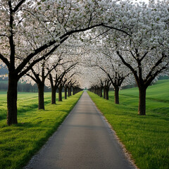 Obraz premium A peaceful countryside path lined with blossoming cherry trees under soft morning light