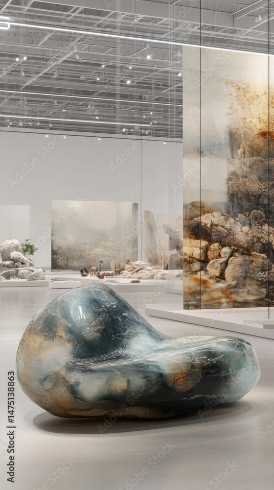 Poster modern art installation display in a gallery with abstract sculpture and paintings in a spacious min