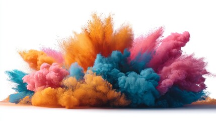 A vivid explosion of colorful powder fills the air with orange, pink, and blue hues, creating an artistic spectacle