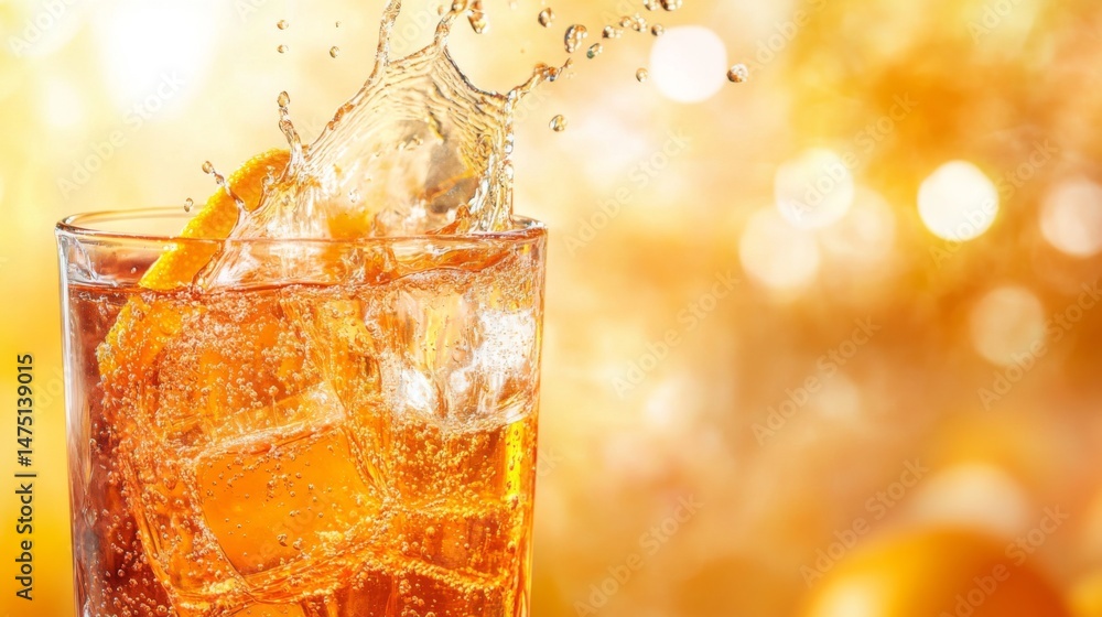 Poster a close-up of a glass of orange juice with a splash of juice pouring in, capturing the dynamic motio