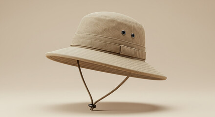 Classic beige safari hat with chin strap floating on neutral background