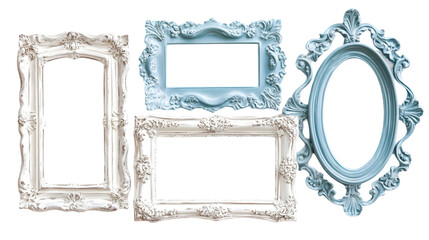 Elegant vintage baroque-style picture frames in blue and white pastel shades