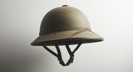 British pith helmet hanging on white background representing history and military