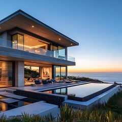 Twilight view from pool deck at luxury house high resolution picture