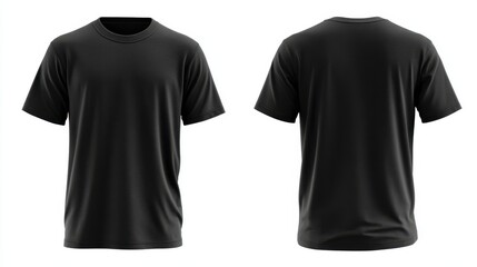 A 4K photo of blank black tshirt front and back views isolated on white apparel mockup design.
