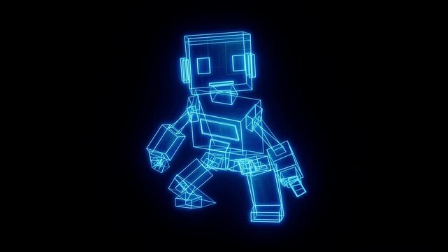 Holographic robot holds stealth crouch position in looped idle. Perfect for sci-fi interfaces, AR/VR NPCs, surveillance systems, and tactical animations.