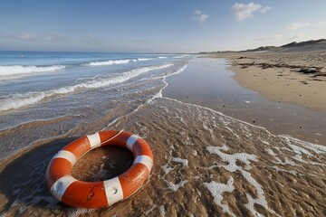 Lifesaver ring on sandy beach with calm waves under clear sky