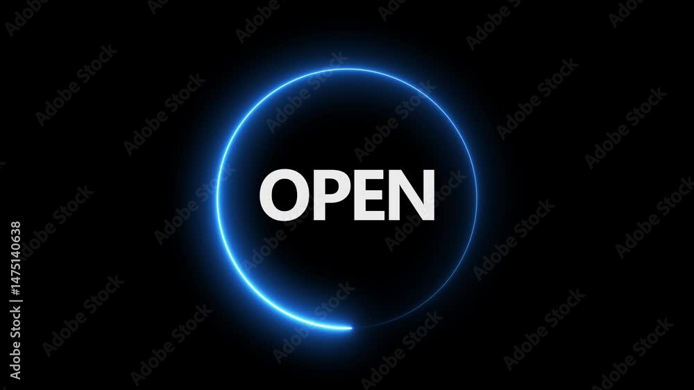 Aufkleber Blue neon Open sign with flicker on black background and color open icon with black background