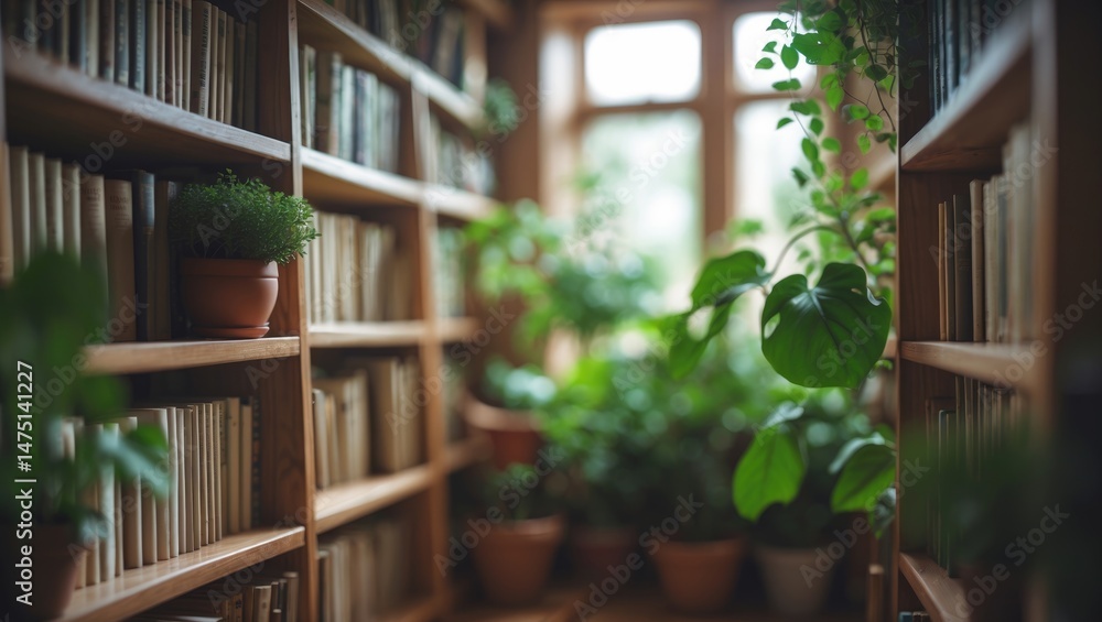 Poster hazy background of a snug and welcoming environment featuring a wooden bookshelf filled with books a