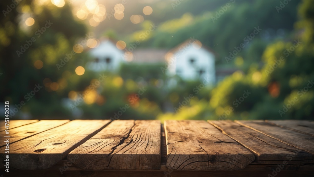 Poster wooden table surface in front of a blurred scenery, can be utilized for display or montage.