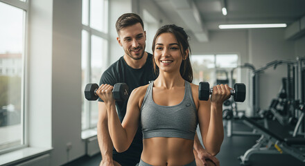 Personal trainer supporting woman lifting dumbbells in gym