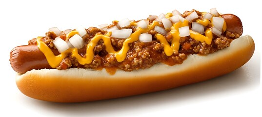 A hot and fresh chili cheese dog with diced onions