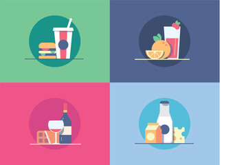 Set of vector icons, illustrations on the theme of food, drinks, flat style, retro, color backgrounds