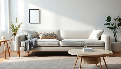 living room with a white couch and a coffee table