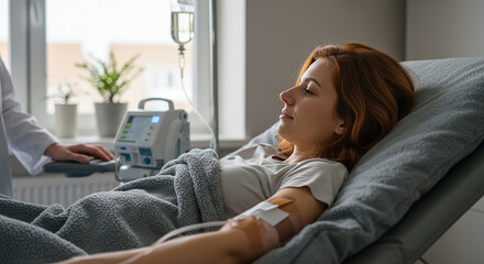 Patient resting in hospital bed receiving iv infusion while doctor operating medical equipment